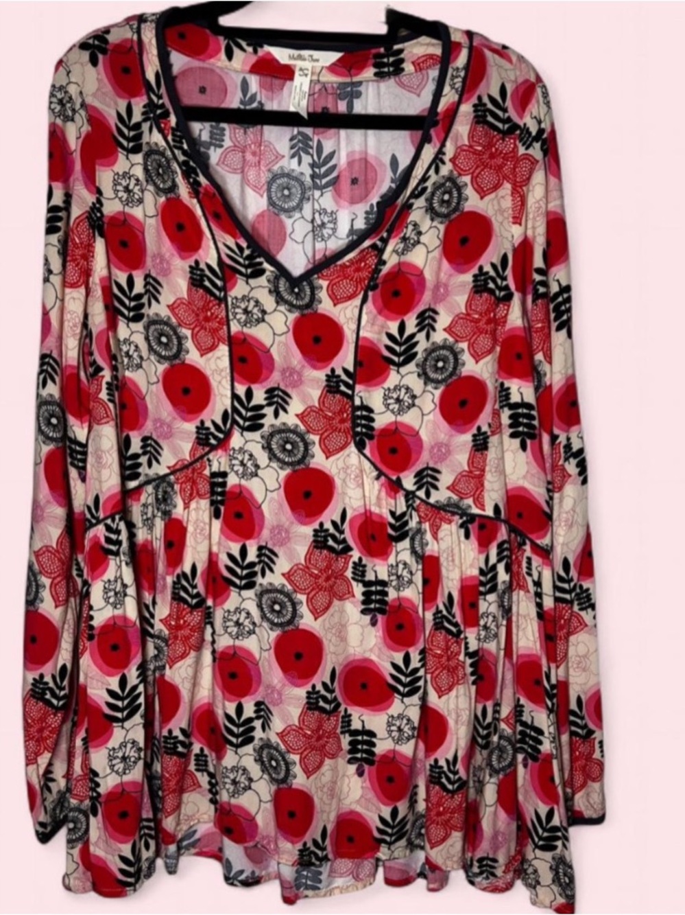 Matilda Jane Women's Red Floral Long-Sleeve, V-Neck, Peplum blouse top